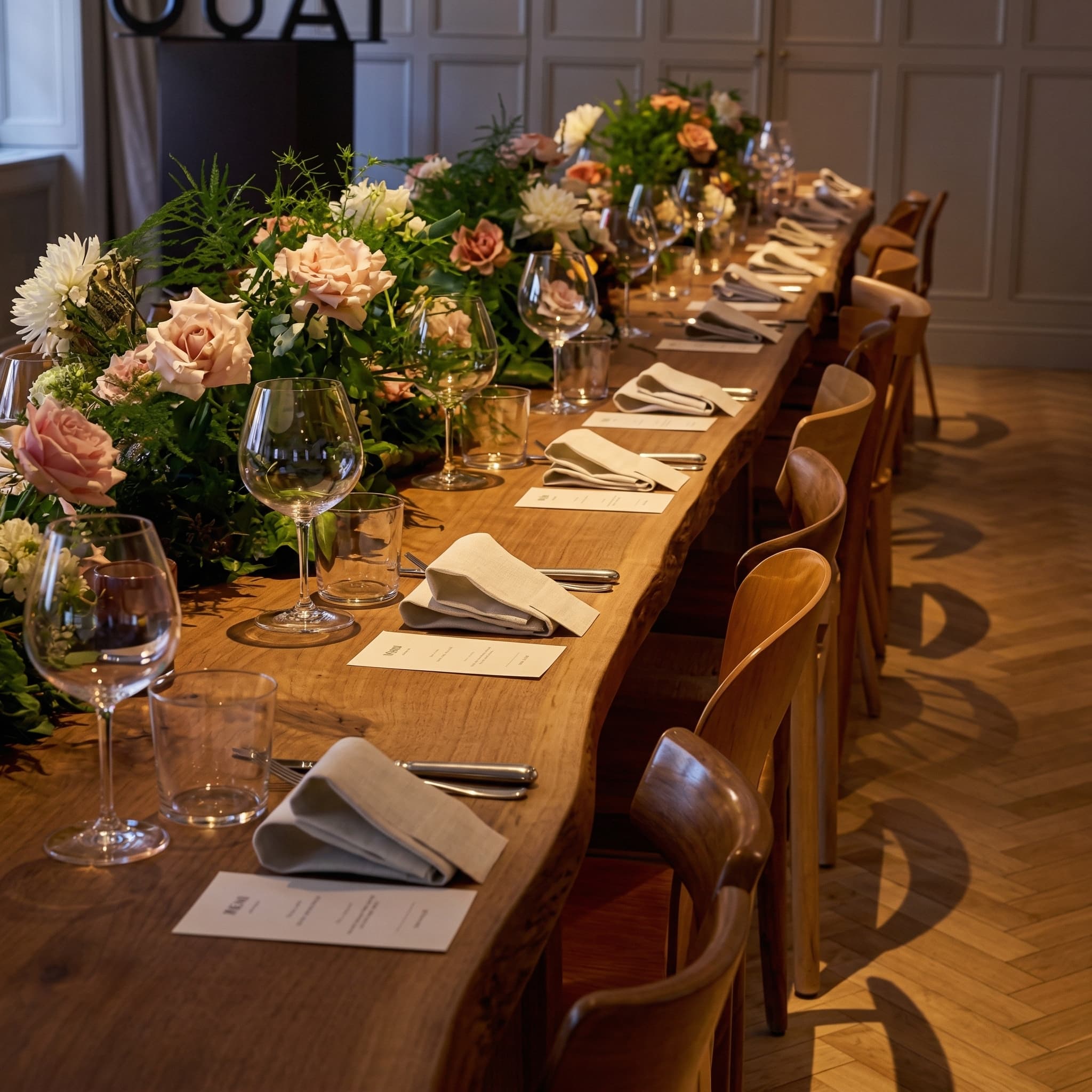 Peach rosor på långbord