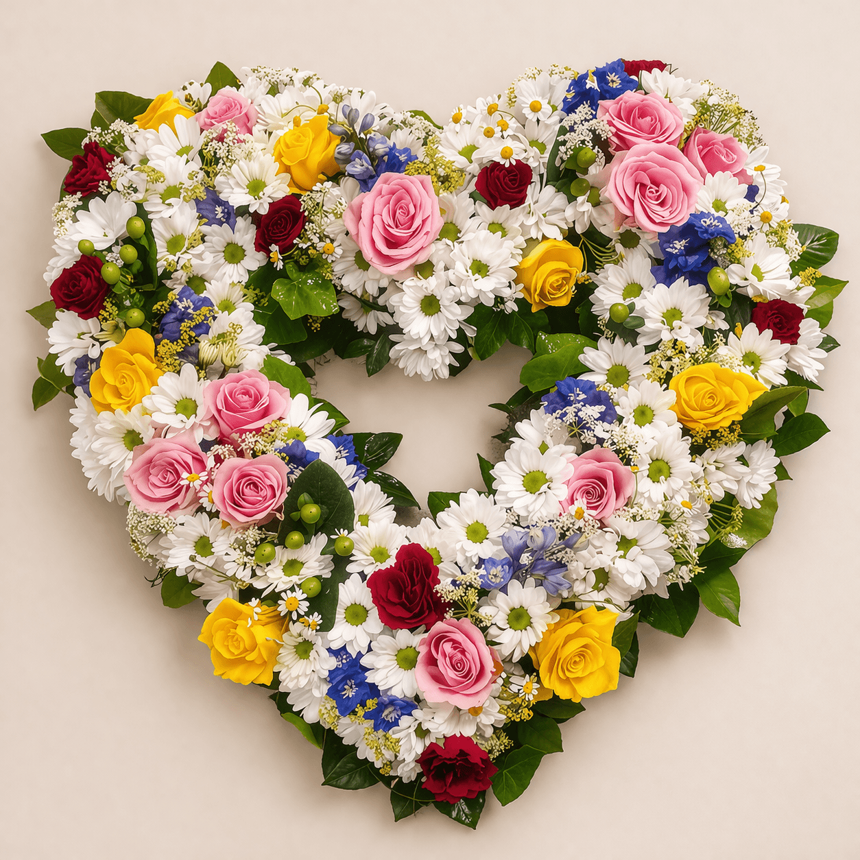 Färgglatt hjärta med rosa, gula och vita blommor