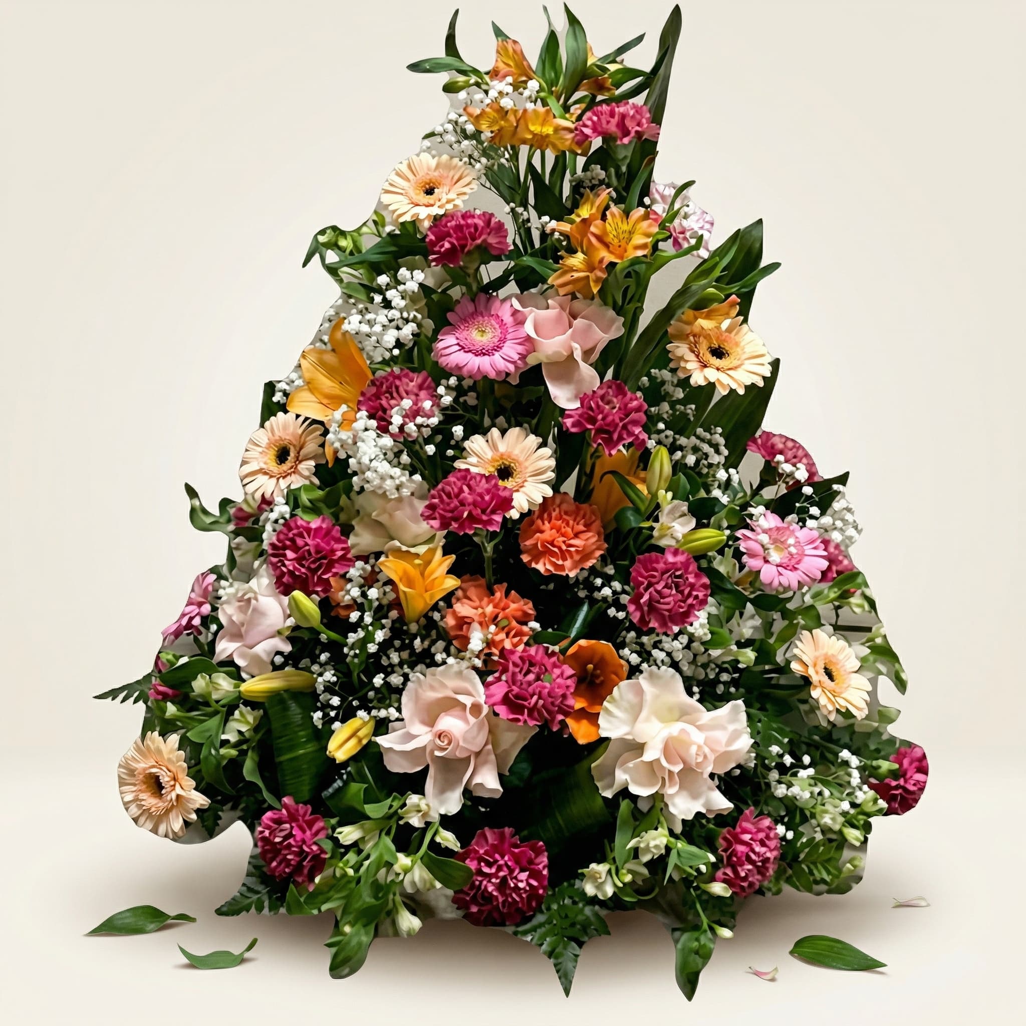 Stående sorgarrangemang med gerbera och liljor