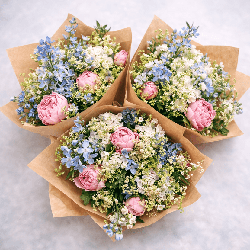 Rosa pioner med blå riddarsporre