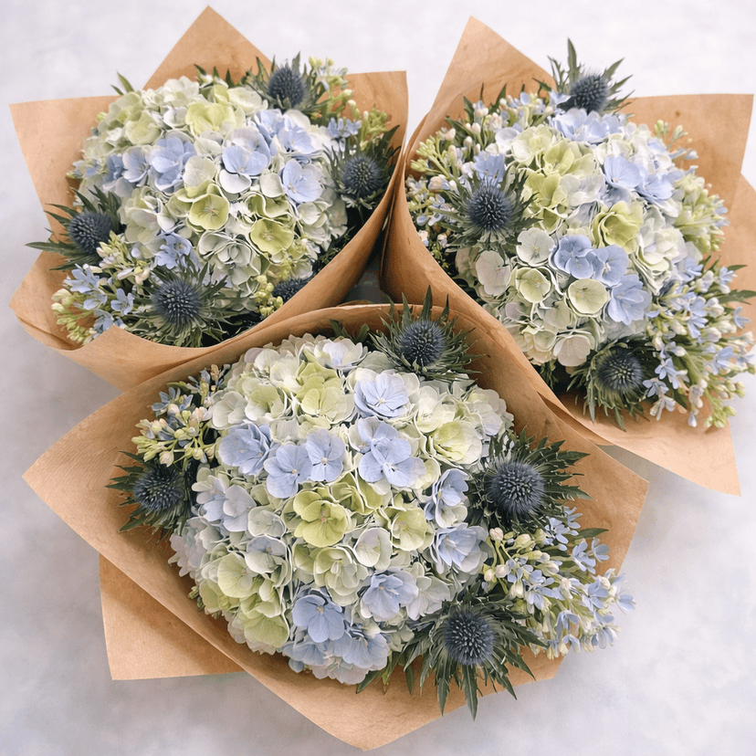 Blå och gröna hortensior med tistel